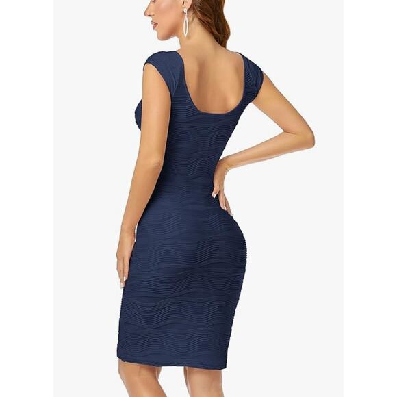 Navy Blue Bodycon Mini Dress SMALL Ribbed Career Cocktail Party Taydey NEW - Picture 2 of 7